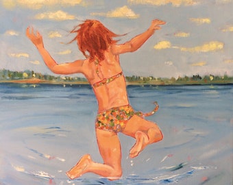 Girl Jumping in Water: Original Oil Painting on Canvas (11x14)