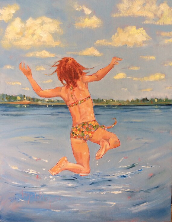 Jump For Joy, original 11" x 14" oil painting on canvas panel. Red head girl. Splashing girl. Swimmer. Yvonne Wagner. Ships Free to USA.