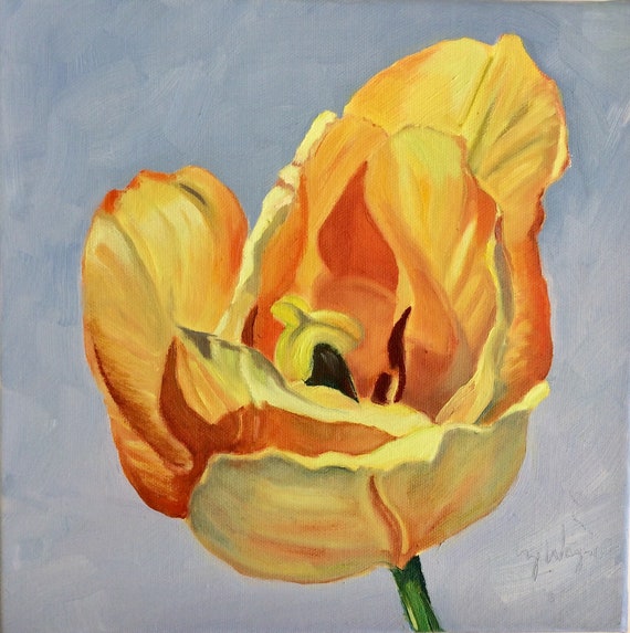 First Tulip, original oil painting, 10" x 10" x .75". Yellow tulip. Tulip painting. Yvonne Wagner. Free shipping to USA.