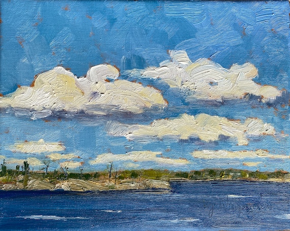 Northern Air, original oil landscape painting. Stretched canvas 8" x 10" X .75". Cloud painting. Yvonne Wagner. Free shipping to USA.