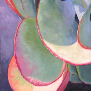 May include: An abstract painting of a succulent plant with large, rounded leaves. The leaves are primarily green with pink and red edges, set against a dark purple and black background. The artwork uses a palette of vibrant colors.