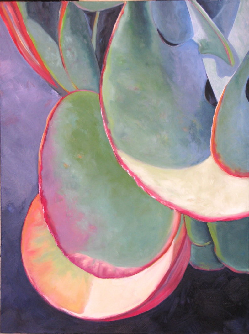 May include: An abstract painting of a succulent plant with large, rounded leaves. The leaves are primarily green with pink and red edges, set against a dark purple and black background. The artwork uses a palette of vibrant colors.