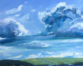 Paisaje de nubes azules: pintura al óleo original enmarcada (30,5 x 30,5 cm)