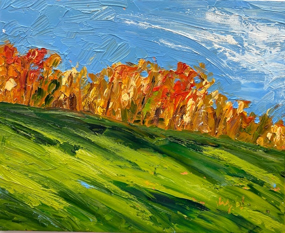 Autumn Grace, oil on panel, original oil. Oil painting. Palette knife. Landscape painting. Gift. Yvonne Wagner. Free shipping to USA.