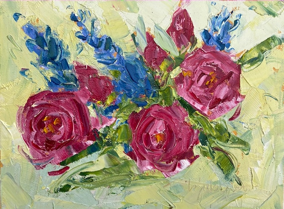 Spring Bouquet, 6" x 8" oil on panel, original oil. Oil painting. Palette knife. Flowers. Floral. Gift. Yvonne Wagner. Free shipping to USA.