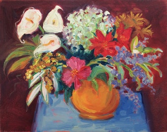 Collection, original oil on canvas. Painting of flowers. Calla. Lilies. Flowers. Still life flowers. 20" x 16" x 3/4".  Yvonne Wagner.