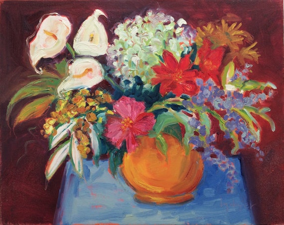 Collection, original oil on canvas. Painting of flowers. Calla. Lilies. Flowers. Still life flowers. 20" x 16" x 3/4".  Yvonne Wagner.