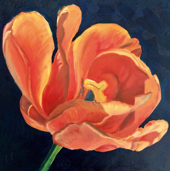 Tulip II, original oil on 10" x 10" x 1.5" canvas. Deep Edge. Floral painting. Apricot. Flower painting. Yvonne Wagner. Ships Free to USA.