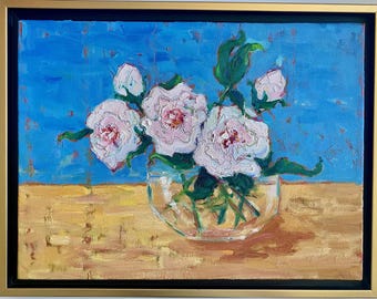 Pink Flowers Oil Painting: Original Still Life with Gold Frame (12x16)