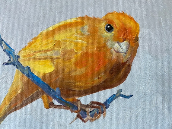 Watching! 8" x 10". Framed original oil painting on canvas panel. Orange canary. Plein air frame. Yvonne Wagner. Free Shipping to USA.