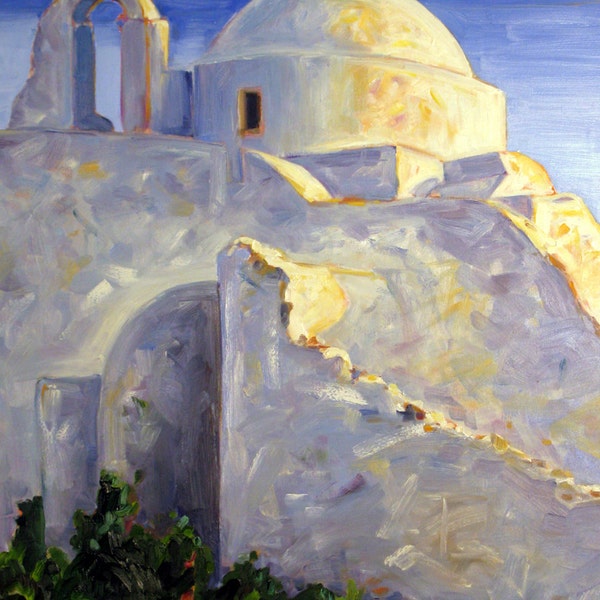 Mykonos Island Church. Oil painting. Yvonne Wagner. Original painting. Greek Church. Greek landscape. 40 x 30 x 1.5". Ships Free to USA.