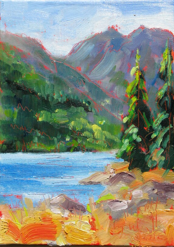 Slocan Pines, Framed 5" x 7" plein aire painting. Canvas panel. Landscape. Yvonne Wagner. Mountains.  Kootenay. Free shipping to USA.