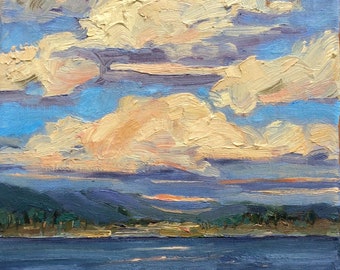 Northern Clouds, New pricing. 8" x 10" original oil painting. Framed 13.5" x 15.5".  Impressionism. Yvonne Wagner. Ships Free to USA.