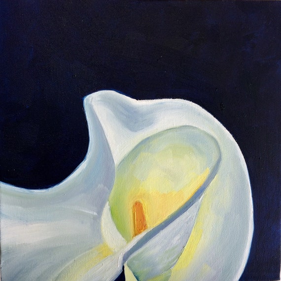 White Calla, original square oil painting on deep canvas. Painting of Calla. 10" x 10" x 1.5". Lily. Yvonne Wagner. Free Shipping to USA.