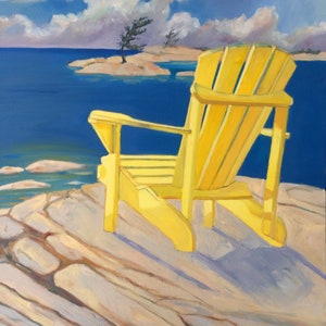 Georgian Bay Oil Painting: Yellow Adirondack Chair, Cottage Art (24&quot; x 30&quot;)