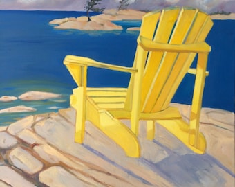 Pintura al óleo de la Bahía Georgiana: Silla Adirondack amarilla, arte rural (61 x 76 cm)
