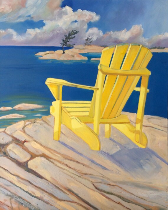 Joie de Vivre, original oil painting, 24" x 30". Chair. Cottage Art. Cottage Decor. Adirondack chair. Yvonne Wagner. Free Shipping to USA.