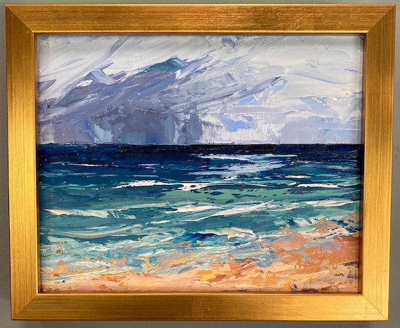 Off Shore,  Original framed 8" x 10" oil painting on panel. New gold frame. Seascape. Storm. Yvonne Wagner. Ships Free to USA.