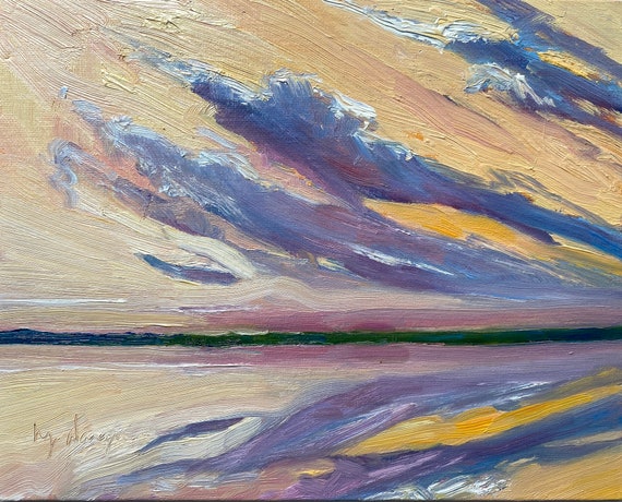 Vibrant Sky, Season Sale. 8" x 10" original oil painting on canvas panel. Unframed. Golden sunset.  Yvonne Wagner. Ships Free to USA.