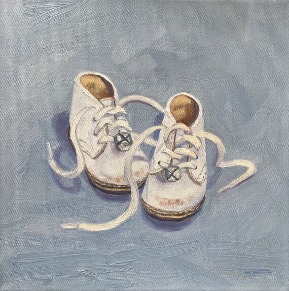 Baby Steps, Seasonal Sale. 12" x 12"  Deep Edge. Baby shoe painting. White shoes. Bells. Original oil painting.  Free Shipping to USA. Gift.