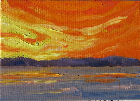 Gold Treasure, Framed original oil painting. Canvas panel. Sunset. 5" x 7". Plein Aire Frame. Yvonne Wagner. Ships Free to USA.