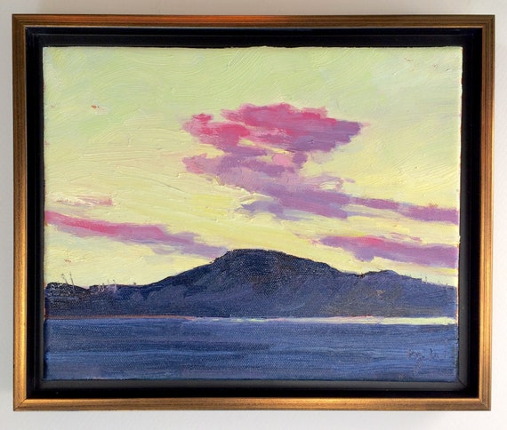 Yellow Skies, Framed original 8" x 10" x .75" oil painting by Yvonne Wagner. Sunset. Sky. Landscape painting. Clouds. FREE SHIPPING to USA.