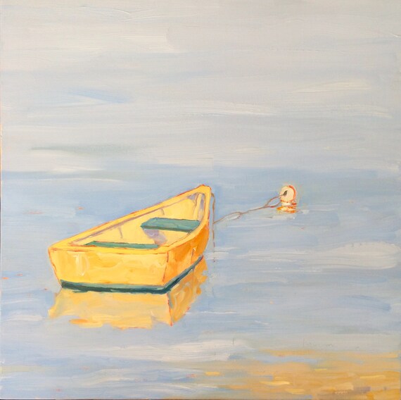 Lazy  Day, SALE, 20 x 20 x 1.5" original oil painting on stretched canvas. Row boat. Yvonne Wagner. Reflection. Ships Free to USA.