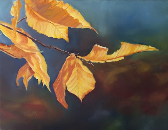 Pure Gold, original 14" x 18" x 1.5" oil painting on stretched canvas. Golden leaves. Fall leaves. Yvonne Wagner. Ships Free to USA.