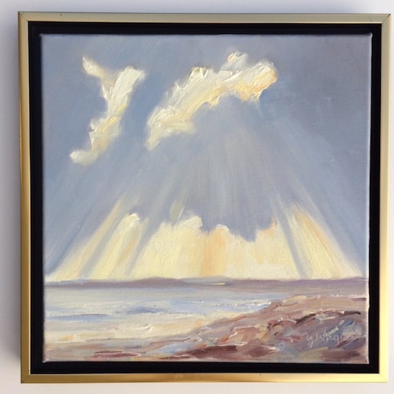 Peace. Framed 12 x 12 x 3/4"  oil on canvas painting. Clouds. Seascape. Free Shipping to USA. Yvonne Wagner. Weekly Sale Painting.