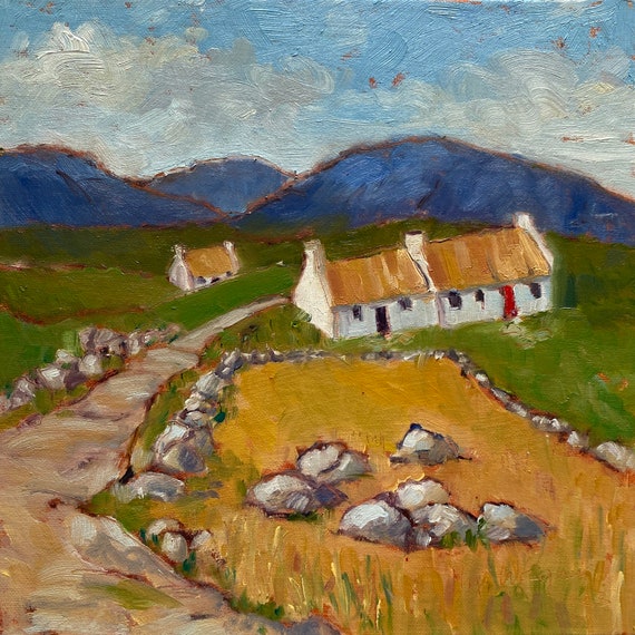 Irish Ancestry, 8x8 oil landscape painting on Linen panel. Mountains, Ireland. Rural. Irish cottage. Yvonne Wagner. Free shipping to USA.