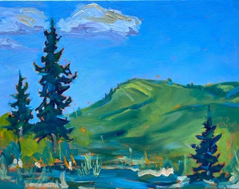 Three Pines, original oil landscape on 12 " x 16" on canvas panel. Trees. Free shipping to USA