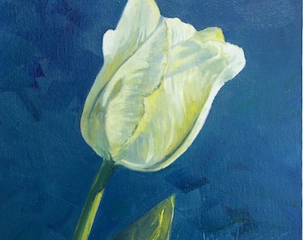 PEACEFUL, original oil painting, 10" x 10" x 1.5" . Deep Edge. Tulip. White tulip. Painting of Tulip. Yvonne Wagner. Free Shipping to USA.