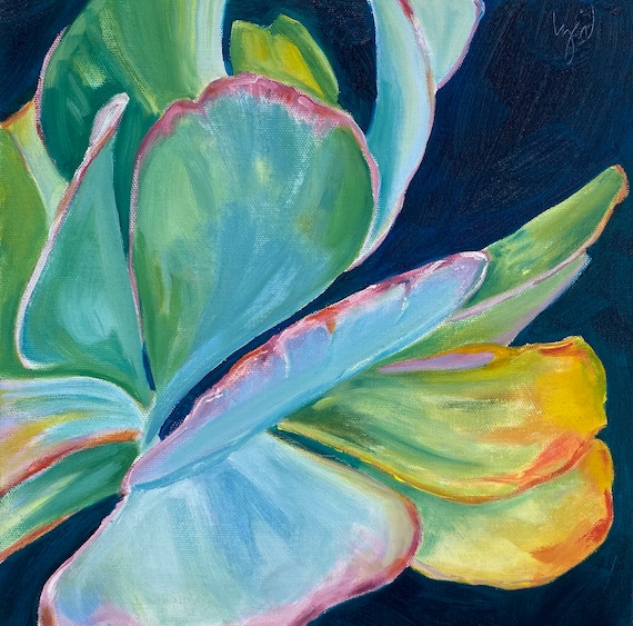 Dazzle, original 12" x 12" oil painting. Succulent. Kalanchoe. Plant. Deep edge. Yvonne Wagner. Free Shipping to USA.