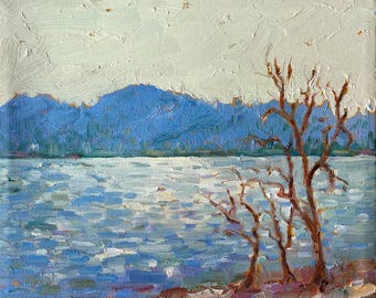 Pintura al óleo de cielo amarillo: paisaje de lago del norte, lienzo de 8 x 10