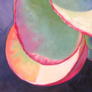 May include: Abstract oil painting featuring overlapping, rounded shapes in shades of green, pink, orange, and cream, set against a dark blue background. The artwork has a soft, painterly texture and a focus on color and form.