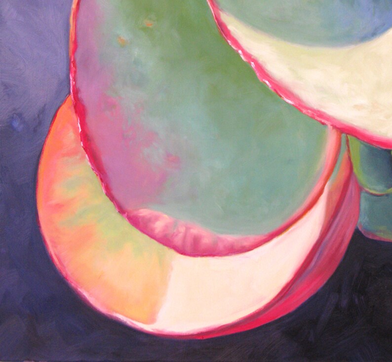 May include: Abstract oil painting featuring overlapping, rounded shapes in shades of green, pink, orange, and cream, set against a dark blue background. The artwork has a soft, painterly texture and a focus on color and form.