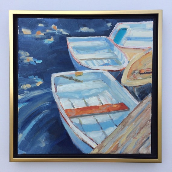 Day Dreamers, Framed original 12 x 12" x .75" oil painting on canvas. Yvonne Wagner. Boats. Gold floater frame. Free shipping to USA.