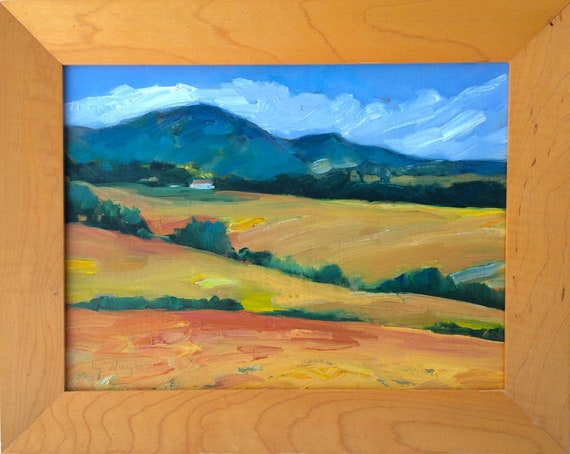 Countryside, original oil painting 9" x 12" on panel. Wood frame. Virginia. Mountains. Landscape. Yvonne Wagner. Free Shipping to USA.