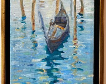 Venice Gondola, Framed original 6" x 8" oil painting on canvas. Floater Frame. Venice. Italy. Boat. Yvonne Wagner. Free shipping to USA.