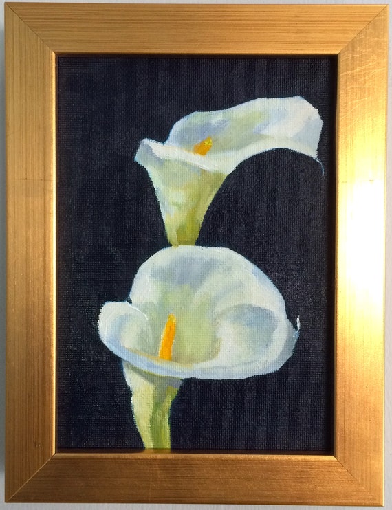 Stay By Me, Framed 8.25" x 6.25" original oil 5" x 7" painting on canvas Panel. White Calla Lilies. Yvonne Wagner. Free Shipping to USA.