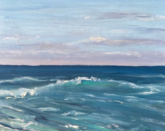 Memories. Seascape oil painting on wood. 8" x 8" x 1". Soft waves. Ocean. Sea. One of a kind. Gift. Ships FREE to USA.