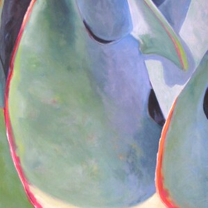 May include: Abstract painting featuring organic shapes in shades of green, blue, and white. The artwork has a soft, blended appearance with red and black accents, creating a sense of depth and form. The style is reminiscent of watercolor or oil painting.