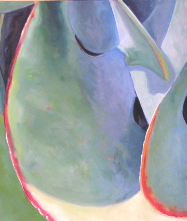 May include: Abstract painting featuring organic shapes in shades of green, blue, and white. The artwork has a soft, blended appearance with red and black accents, creating a sense of depth and form. The style is reminiscent of watercolor or oil painting.