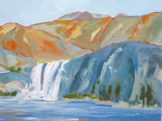 Waterfall, 16 x 12 x 3/4 " original oil painting on canvas by Yvonne Wagner. Mountains, Lake. Season SALE. Free Shipping to USA.