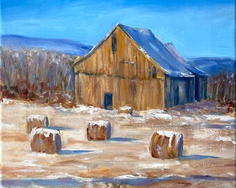 Barn. Original 12" x 12" x .75 oil painting on stretched canvas. Country landscape. Rural landscape Farm. Hay bales. Free Shipping to USA.