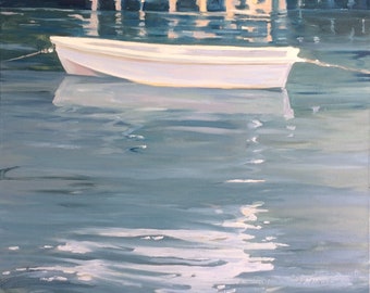 Nantucket, original oil painting, 30" x 30" x 1.5". Harbor. Boat. Dinghy. Yvonne Wagner. Free Shipping to USA.