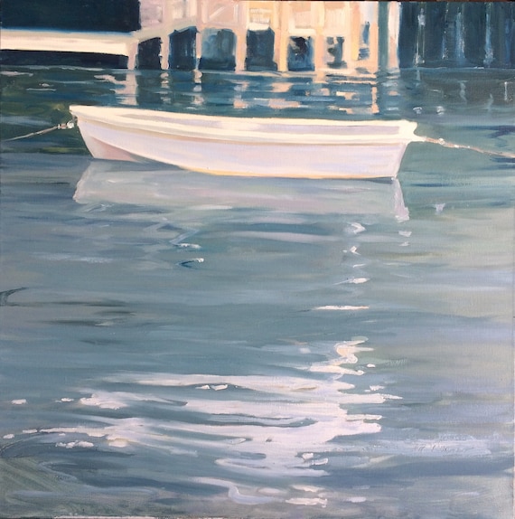 Nantucket, original oil painting, 30" x 30" x 1.5". Harbor. Boat. Dinghy. Yvonne Wagner. Free Shipping to USA.