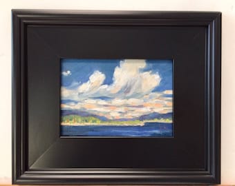 Tranquility Sky, Season Sale. Original framed oil painting on 5" x 7" Clouds. Framed painting. Landscape. Yvonne Wagner. Ships Free to USA.