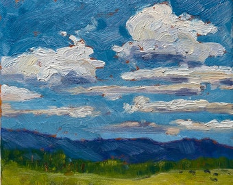 Summer Sky, 8 x 8 stretched canvas landscape oil painting. Original painting. Clouds. Mountains. Rural. Ships Free to USA. Yvonne Wagner