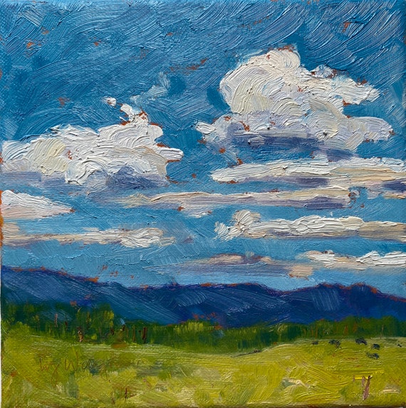 Summer Sky, 8 x 8 stretched canvas landscape oil painting. Original painting. Clouds. Mountains. Rural. Ships Free to USA. Yvonne Wagner